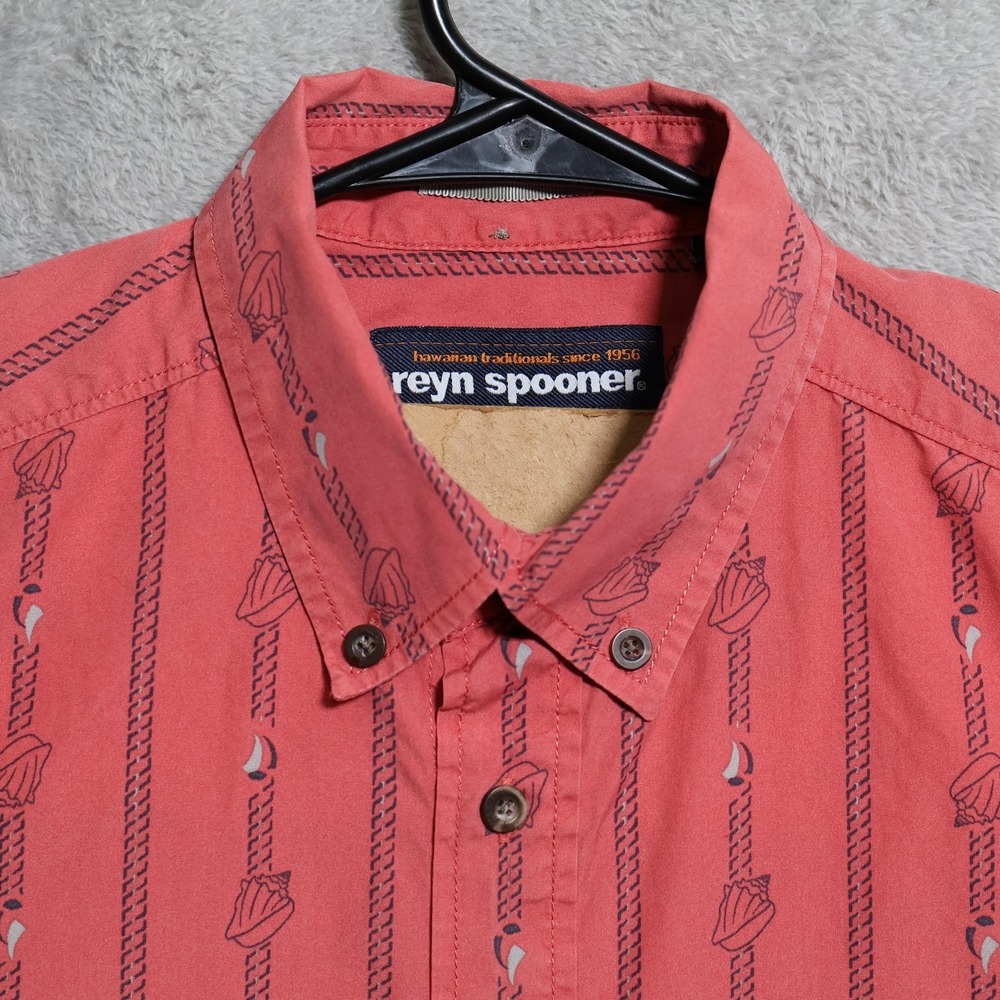 Reyn Spooner Shirt Mens Medium Coral Pink Blue Hawaiian Nautical Rope Preppy